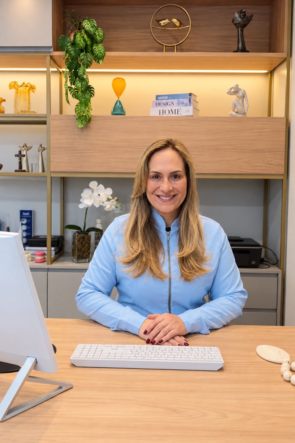Dra. Luciane Arias de jaleco azul, sorrindo em seu consultório